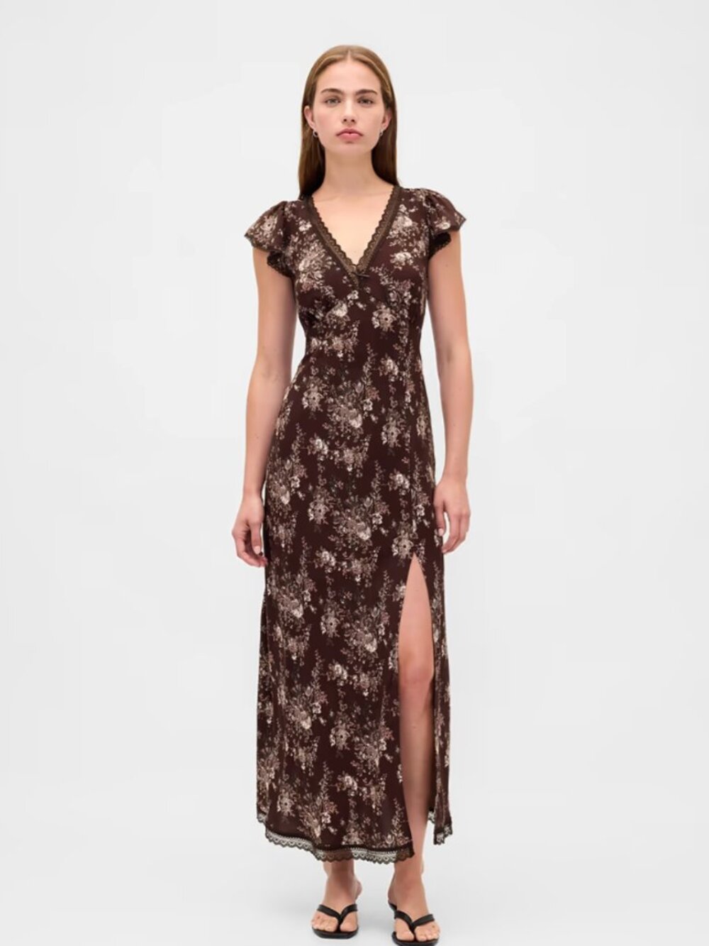 Gap Brown Floral Lace-Trim V-Neck Crepe Maxi Dress
